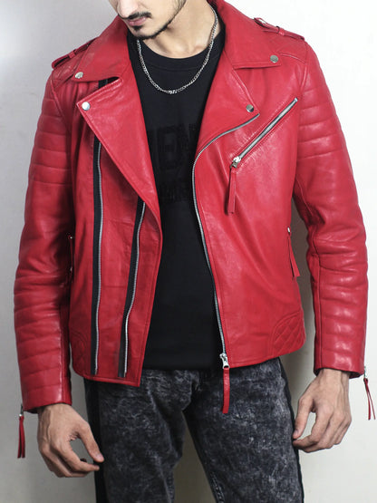 Mens Quilted Padded Red Biker Leather Jacket