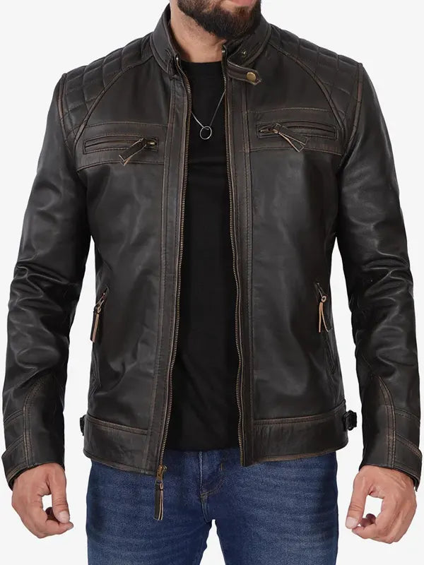 Mens Quilted Shoulders Biker Leather Jacket