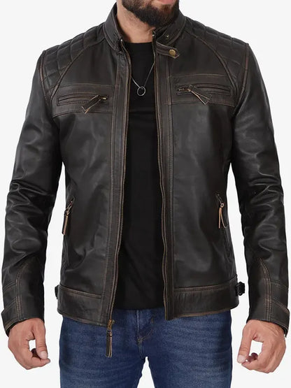 Mens Quilted Shoulders Biker Leather Jacket