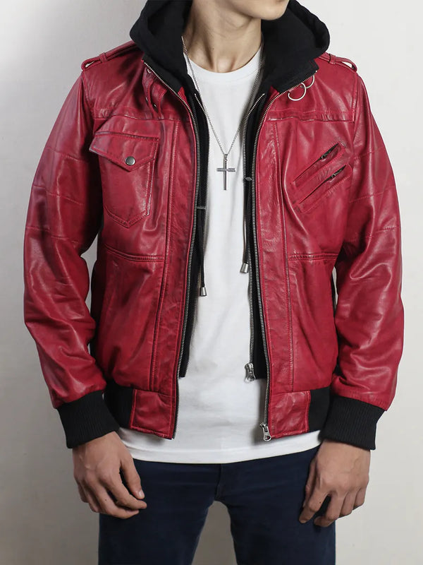 Men's Red Hooded Bomber Jacket