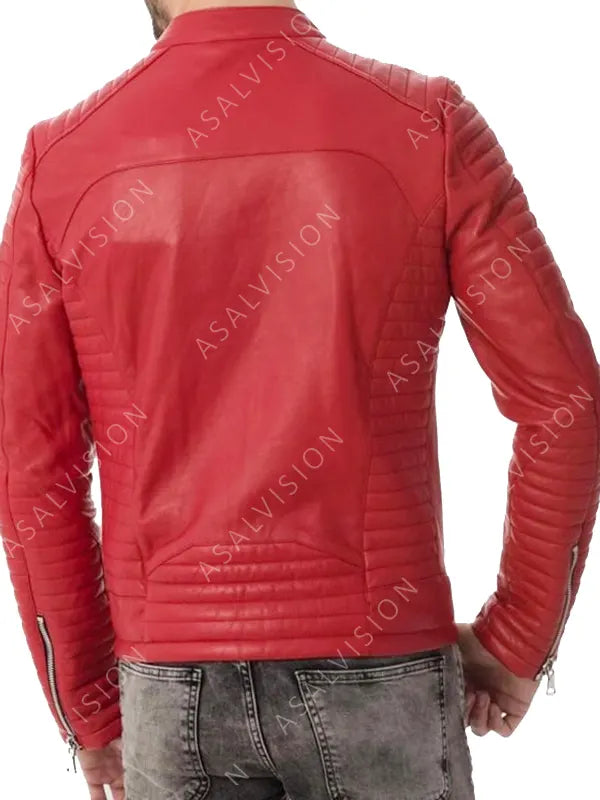 Mens Red Quilted Biker Motorcycle Cafe Racer Zipper Leather Padded Jacket