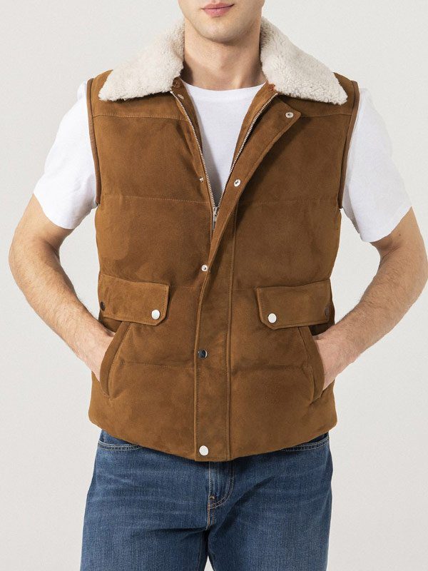 Mens Shearling Collar Suede Vest