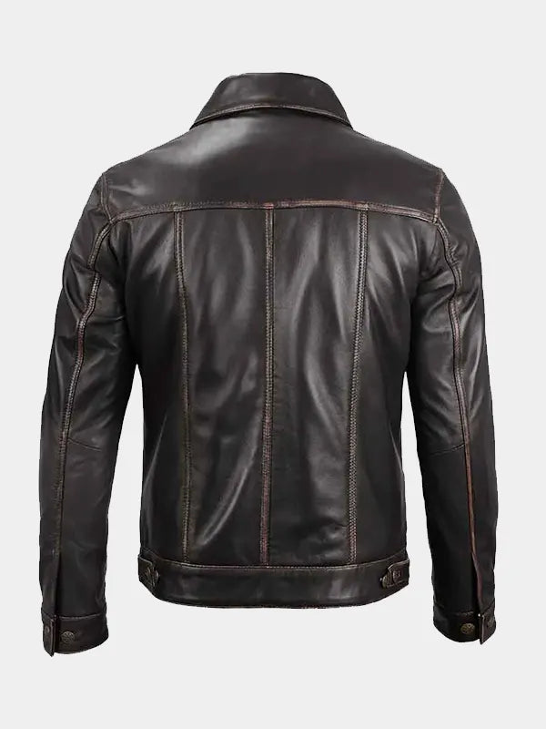 Mens Shirt Collar Dark Brown Distressed Leather Trucker Jacket