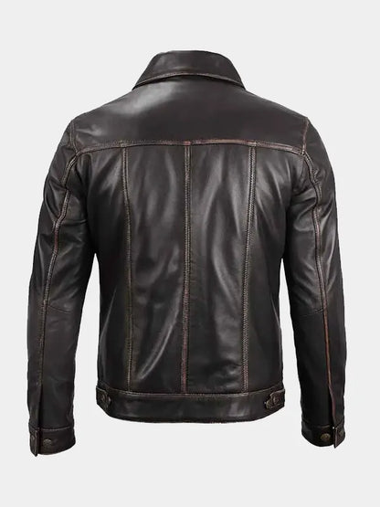 Mens Shirt Collar Dark Brown Distressed Leather Trucker Jacket