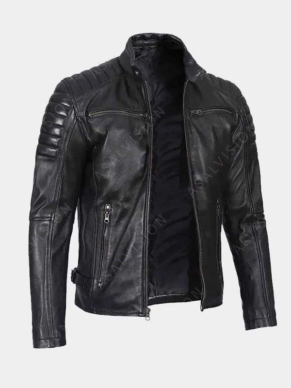 Mens Shoulder Pads Black Cafe Racer Leather Jacket