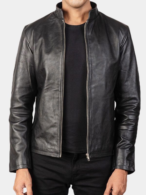 Men's Simple Black Cafe Racer Leather Jacket