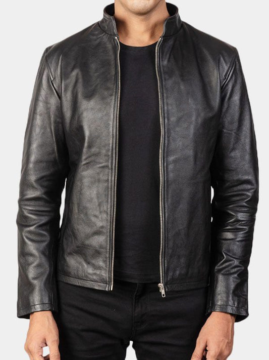 Men's Simple Black Cafe Racer Leather Jacket
