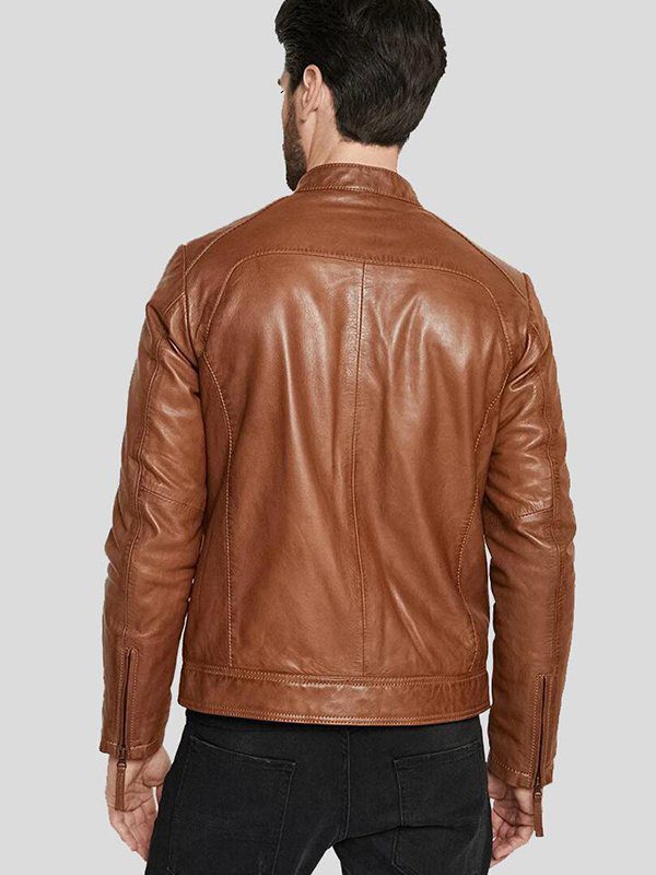 Mens Slim Fit Brown Leather Biker Jacket Back