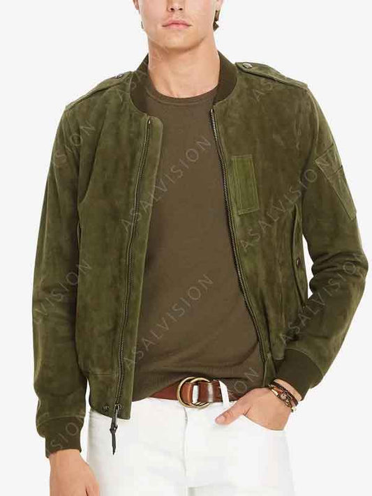 Mens Slim-Fit Olive Green Suede Bomber Jacket