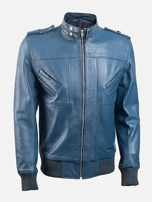 Men’s Stand Collar Blue Bomber Jacket
