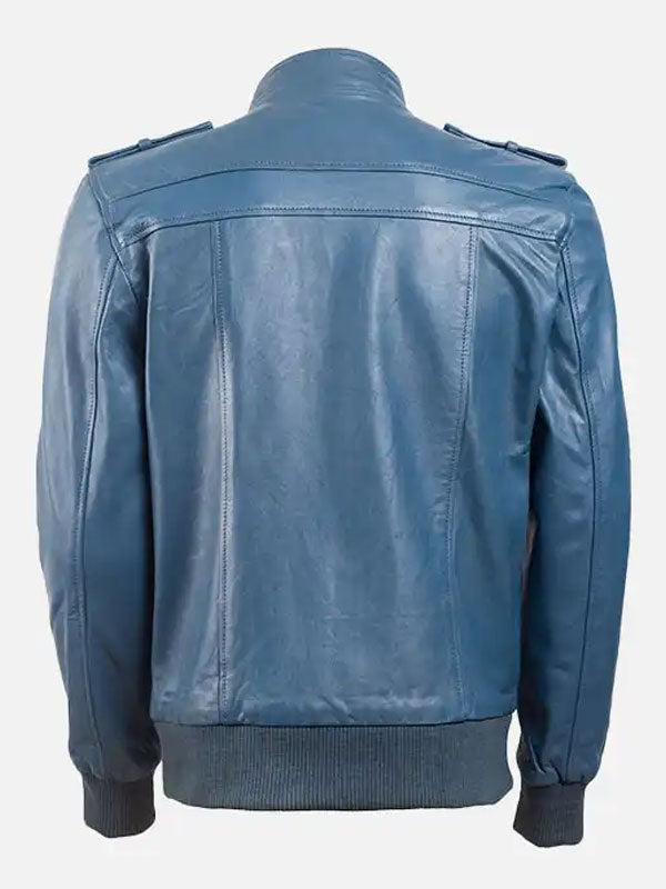 Men’s Stand Collar Blue Bomber Leather Jacket