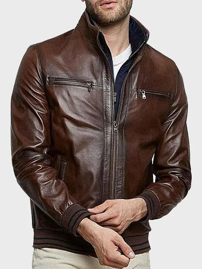 Mens Stand Collar Brown Bomber Leather Jacket