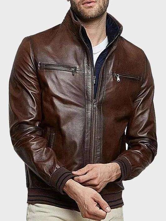 Mens Stand Collar Brown Bomber Leather Jacket