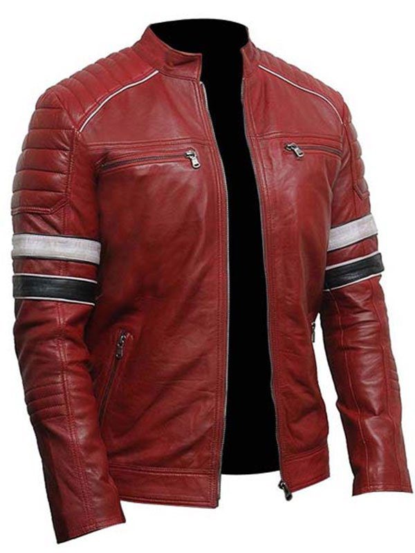 Mens Striped Cafe Racer Biker Jacket