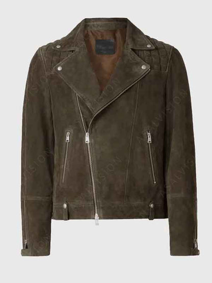 Mens Suede Leather Biker Olive Green Jacket