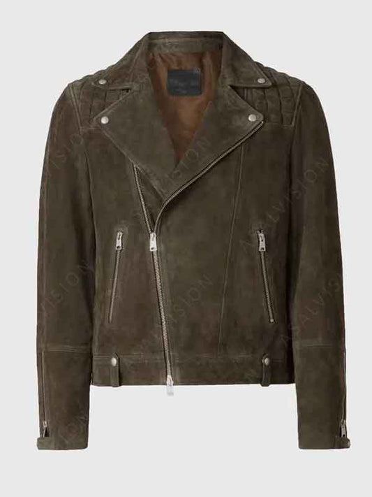 Mens Suede Leather Biker Olive Green Jacket
