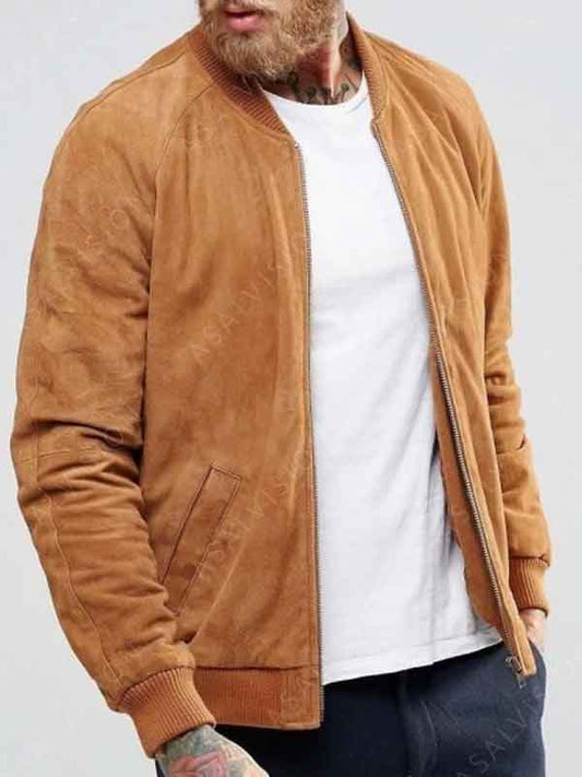 Mens Suede Leather Bomber Flight Jacket