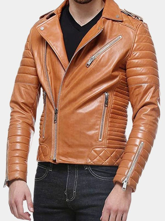 Men's Tan Quilted And Padded Motorcycle Jacket
