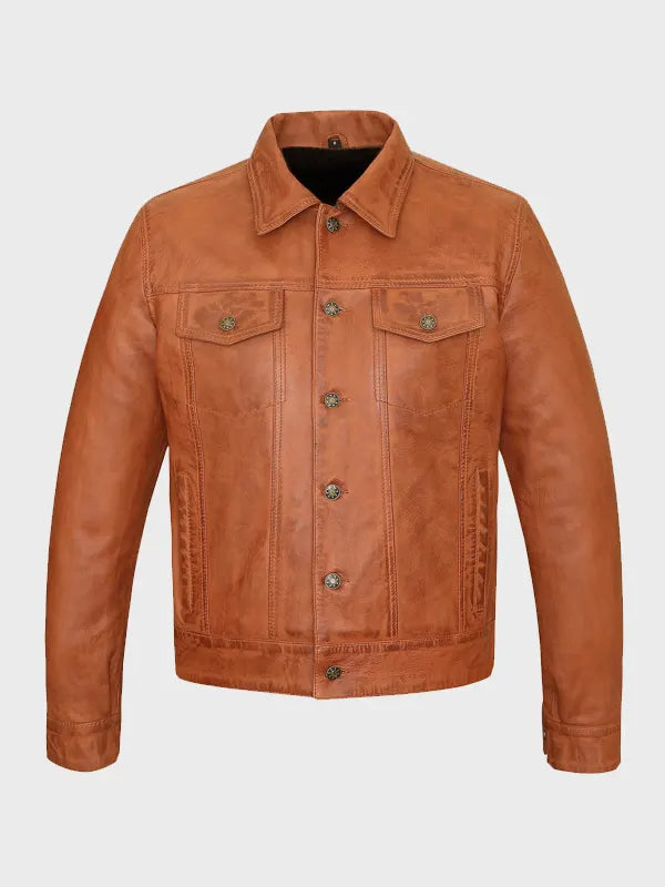 Men's Tan Trucker Leather Jacket