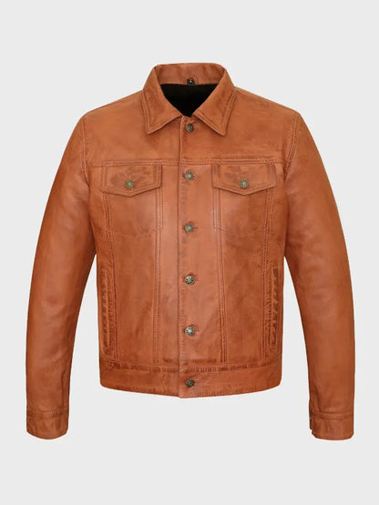 Men's Tan Trucker Leather Jacket