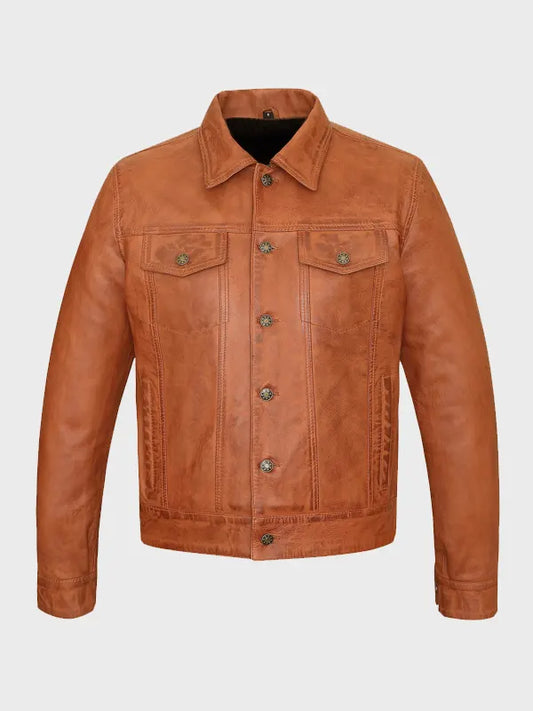 Men's Tan Trucker Leather Jacket