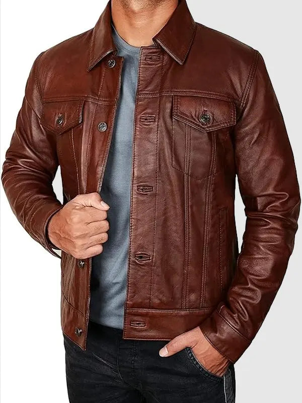 Mens Vintage Brown Lambskin Leather Trucker Jacket