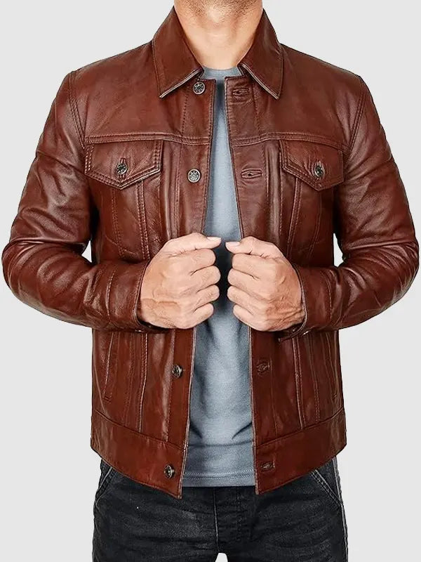 Mens Vintage Brown Leather Trucker Jacket