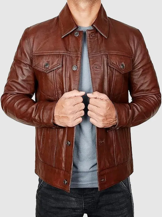 Mens Vintage Brown Leather Trucker Jacket