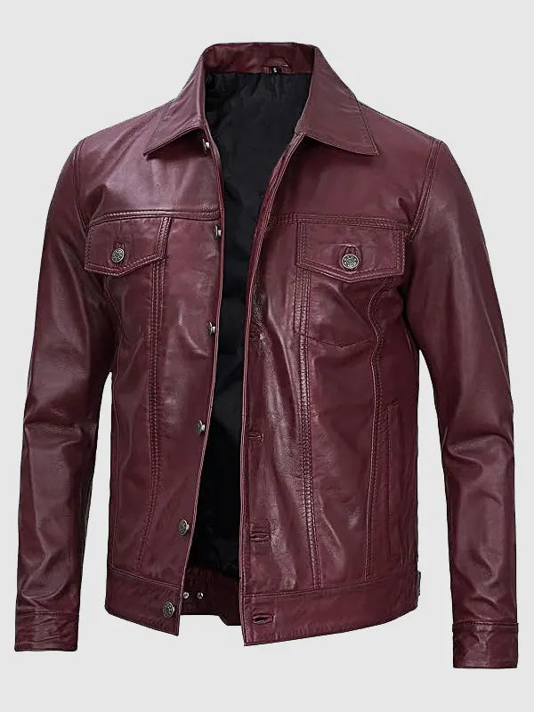 Men's Vintage Burgundy Trucker Lambskin Leather Jacket