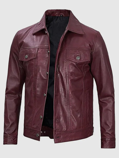 Men's Vintage Burgundy Trucker Lambskin Leather Jacket
