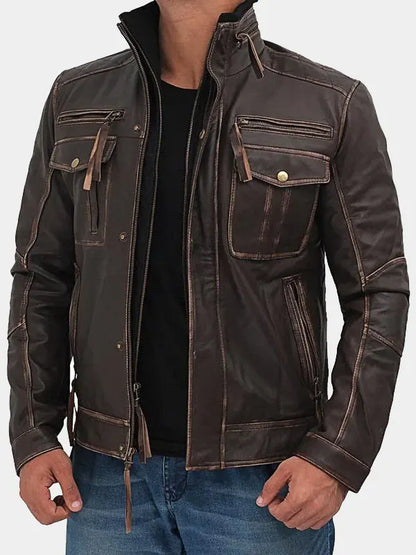 Mens Vintage Cafe Racer Motorcycle Distressed Brown Leather Jacket