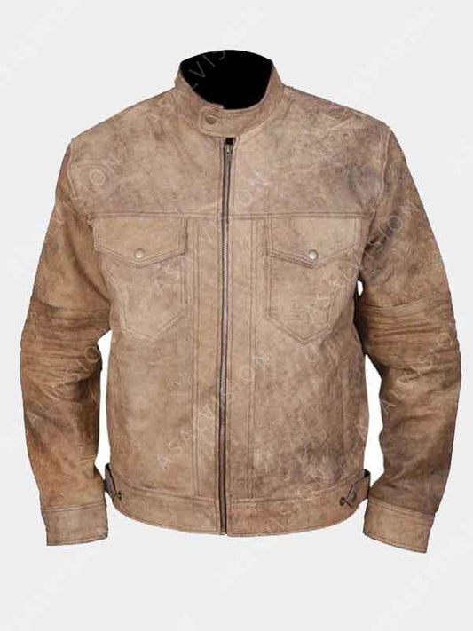 Mens Khaki Distressed Moto Leather Jacket