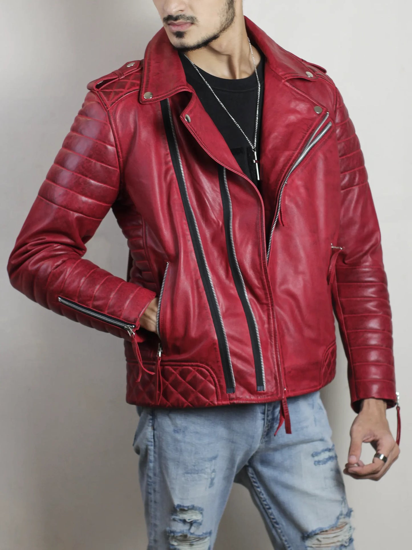 Men's Vintage Style Waxed Dark Red Leather Biker Jacket
