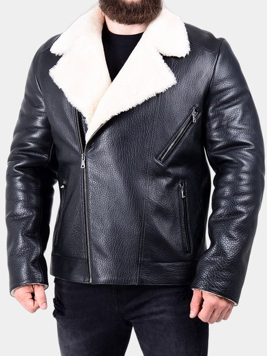 Men's White Faux Fur Black Leather Jacket
