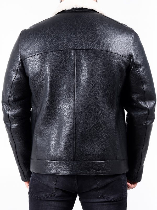 Men's White Faux Fur Black Leather Jacket Back