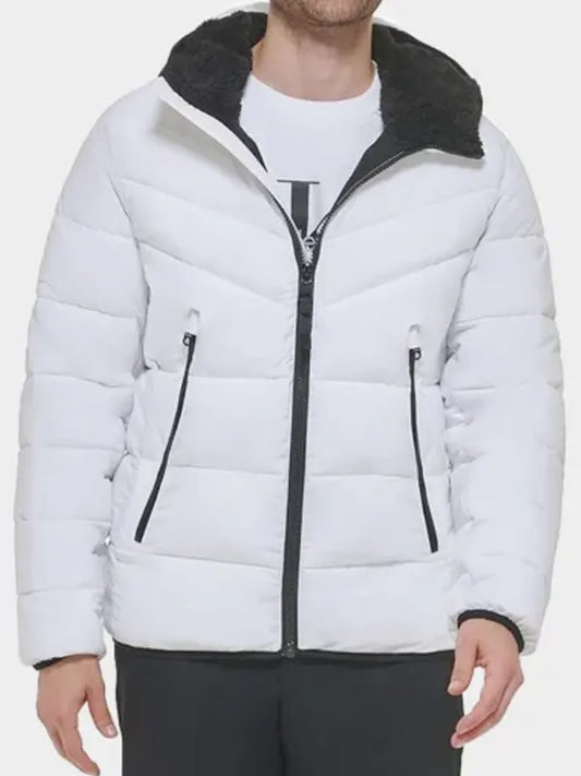 Men's White Zipper Puffer Sherpa Lined Hood Jacket 