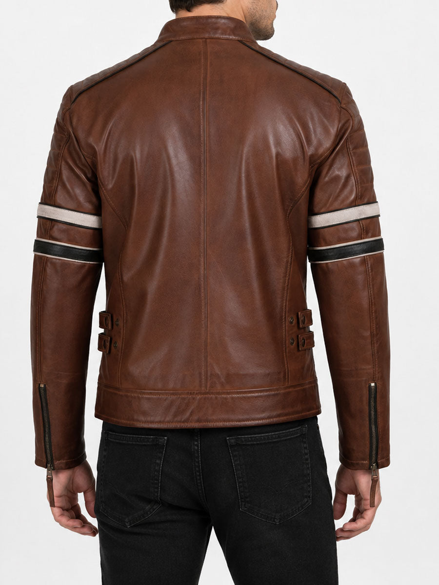 Mens Striped Brown Racer Leather Jacket