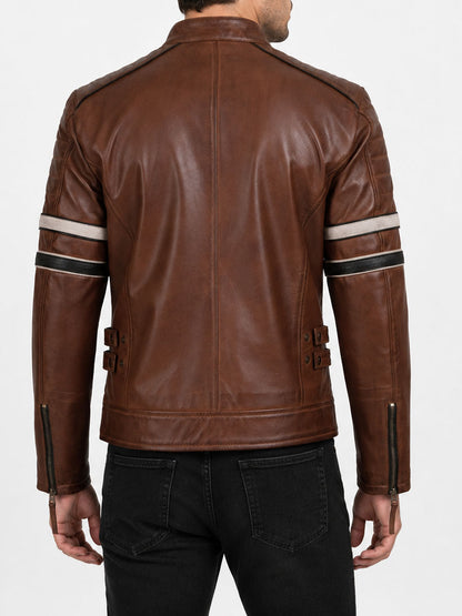Mens Striped Brown Racer Leather Jacket