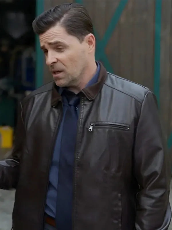 Michael Hogan Nelly Knows Mysteries A Fatal Engagement 2024 Kavan Smith Brown Leather Jacket