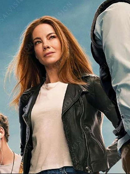 Michelle Monaghan The Family Plan 2023 Black Leather Biker Jacket