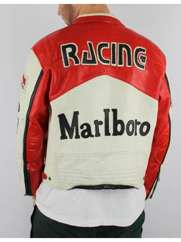 Marlboro White & Red Motorcycle Leather Jacket For Men's