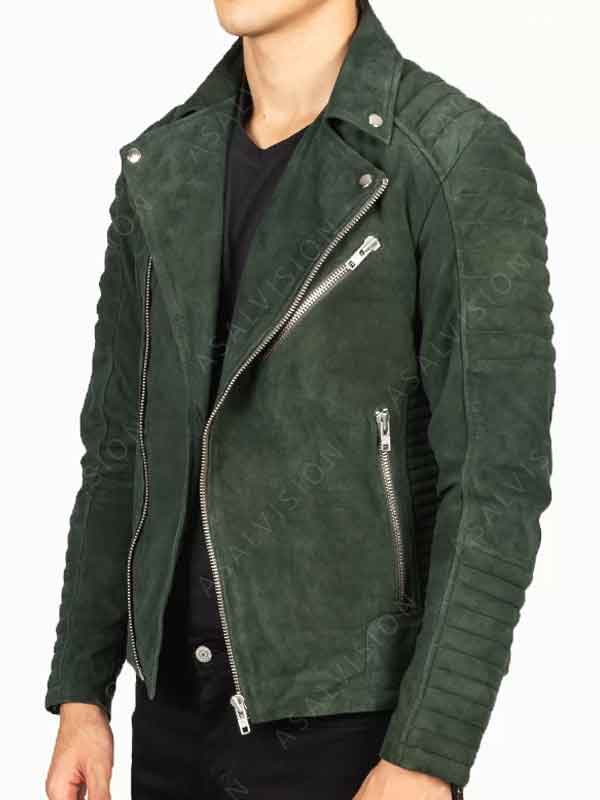 Motorcycle Green Suede Leather Biker Jacket
