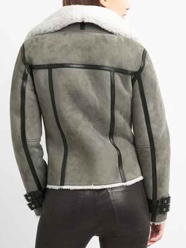 Motorcycle Grey Suede Leather Shearling Winter Jacket
