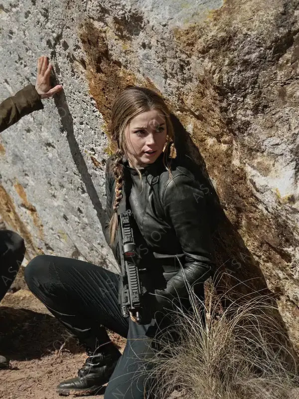 Movie Ghosted 2023 Ana de Armas Black Leather Jacket