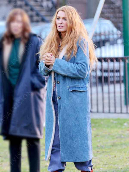 Movie It Ends With Us 2024 Lily Sherpa Lined Blue Denim Coat