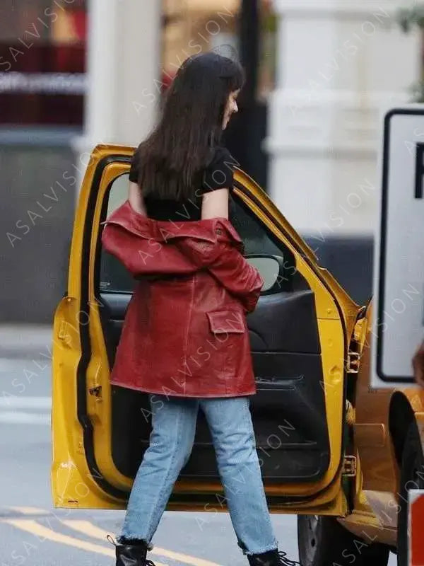 Movie Madame Web 2024 Dakota Johnson Red Leather Coat