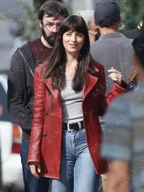 Movie Madame Web 2024 Dakota Johnson Red Waxed Leather Coat