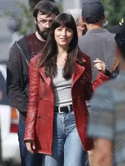 Movie Madame Web 2024 Dakota Johnson Red Waxed Leather Coat