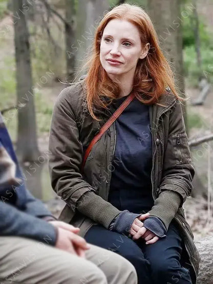 Movie Memory 2024 Jessica Chastain Olive Green Cotton Coat With Hood