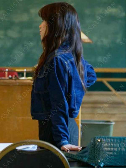 Movie Miller’s Girl 2024 Cairo Sweet Cropped Blue Denim Jacket